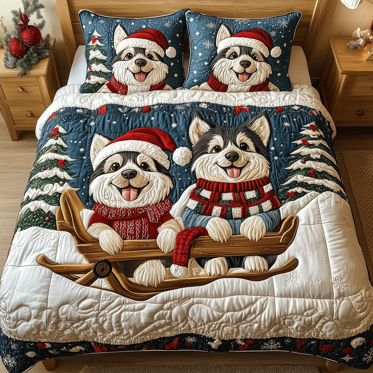Snowy Husky Christmas quilted 3-piece bedding set on a made bed in a winter-styled bedroom
