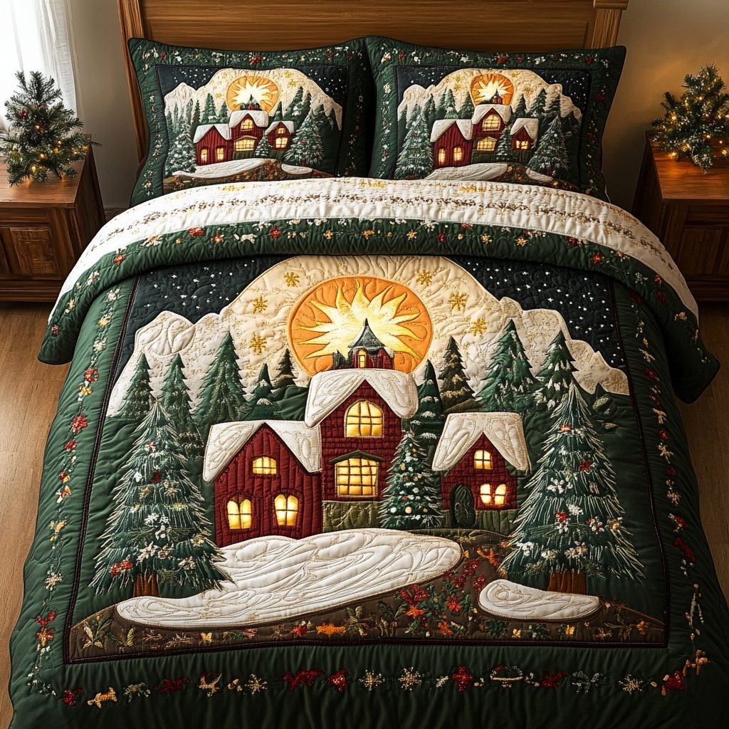Snowy Lane quilted 3-piece bedding set on a made bed with two matching pillow shams