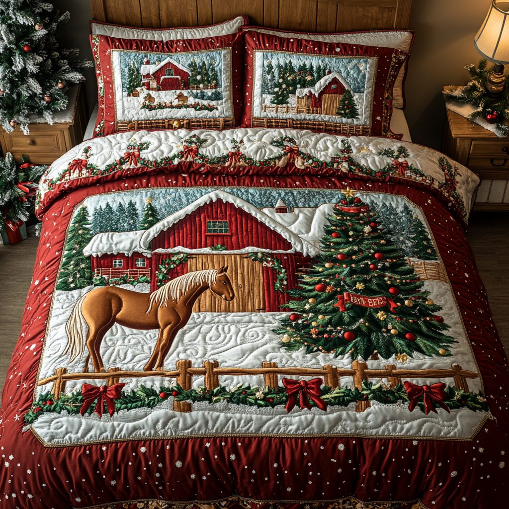 Snowy Meadow quilted 3-piece bedding set on a made bed with two matching pillow shams
