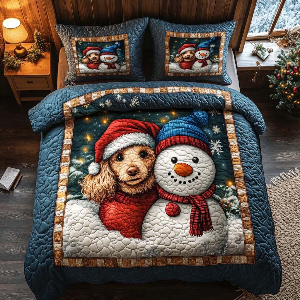 Snowy Night Duo quilted 3-piece bedding set on a made bed with two matching pillow shams