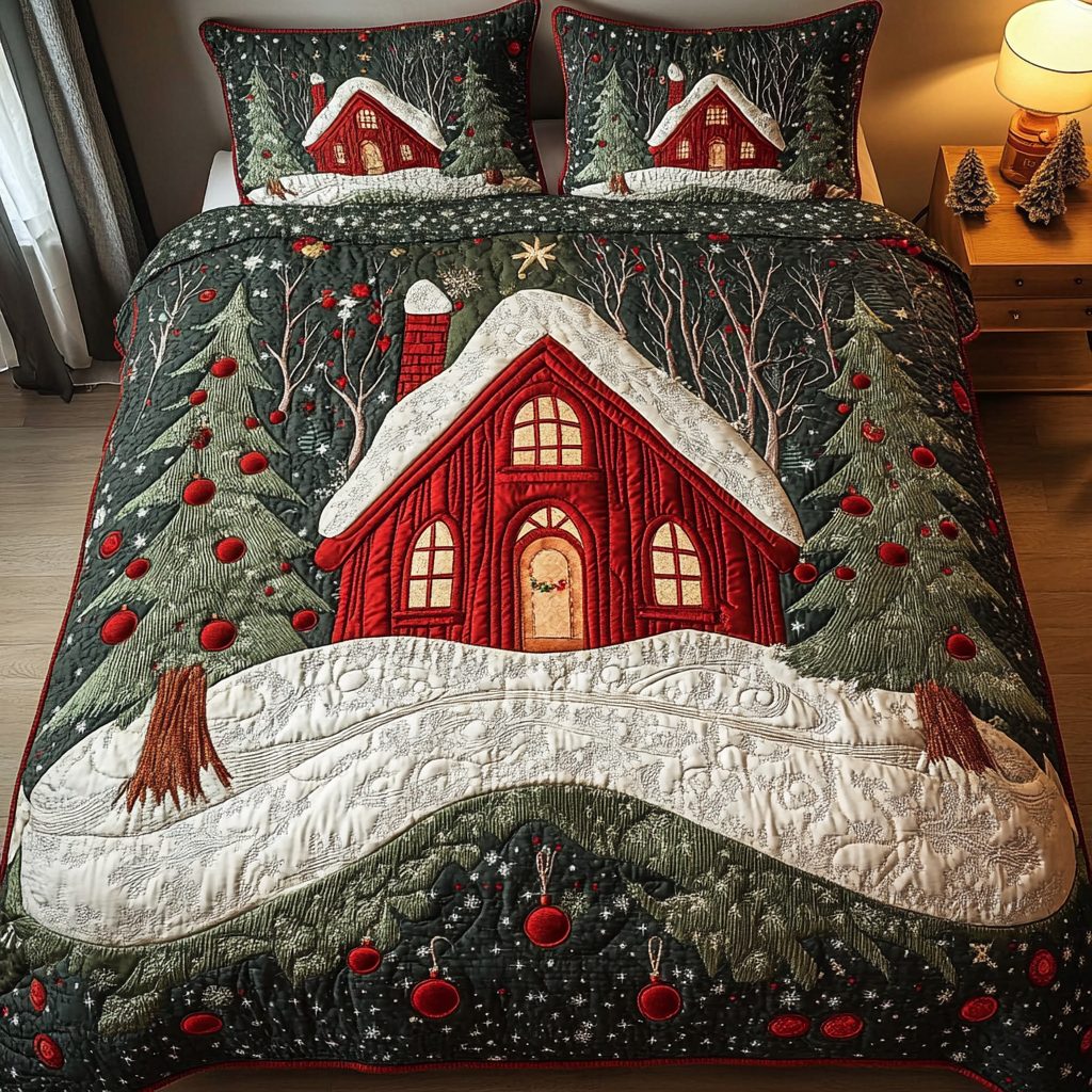 Snowy Night Haven quilted 3-piece bedding set on a made bed with two matching pillow shams