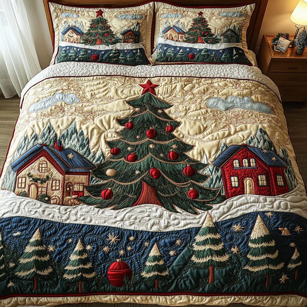 Snowy Night quilted 3-piece bedding set on a made bed with two matching pillow shams