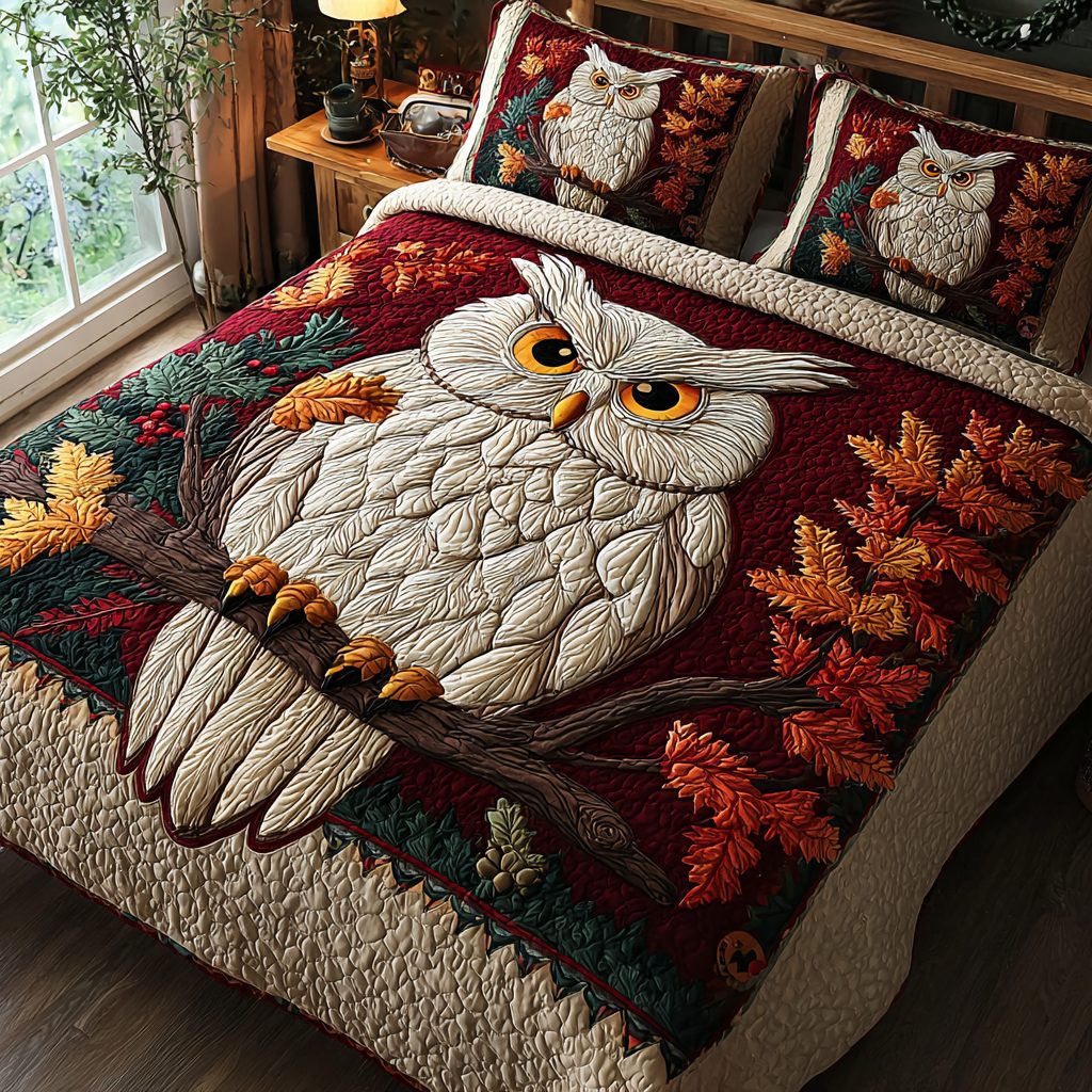 Snowy Owl quilted 3-piece bedding set on a made bed with two matching pillow shams