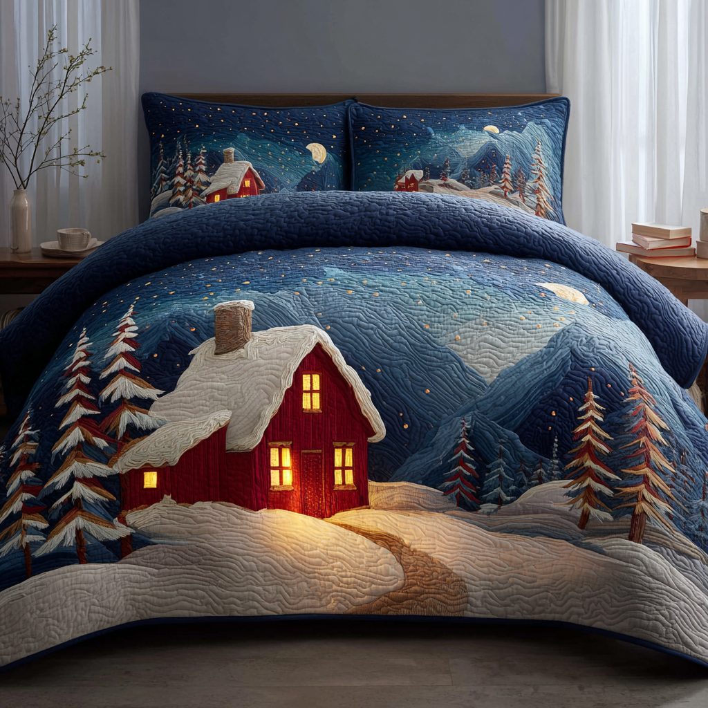 Snowy Path quilted 3-piece bedding set on a made bed with two matching pillow shams