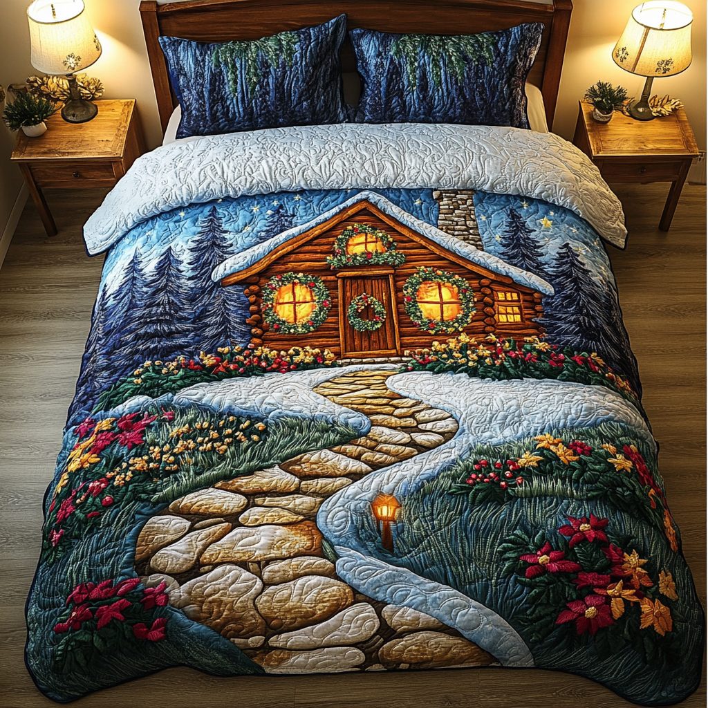Snowy Path quilted 3-piece bedding set on a made bed with two matching pillow shams