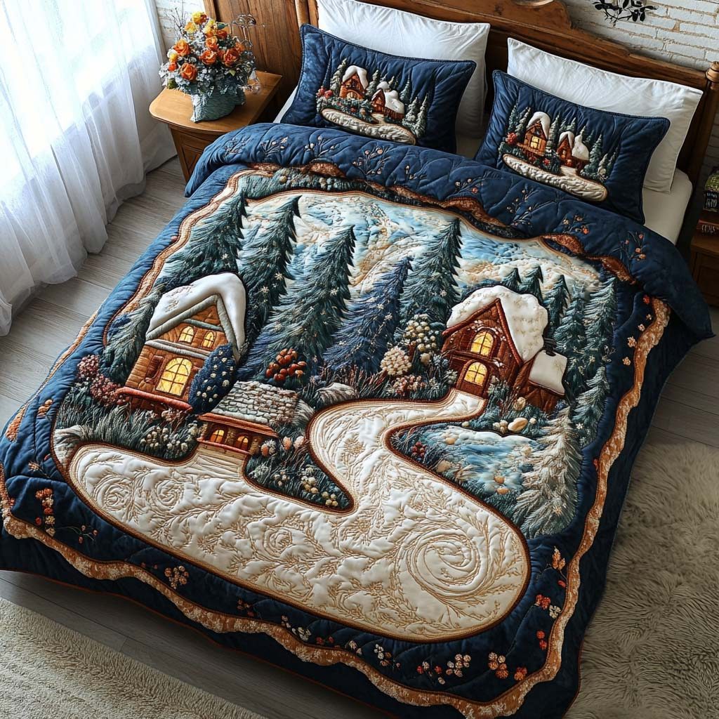 Snowy Path quilted 3-piece bedding set on a made bed with two matching pillow shams