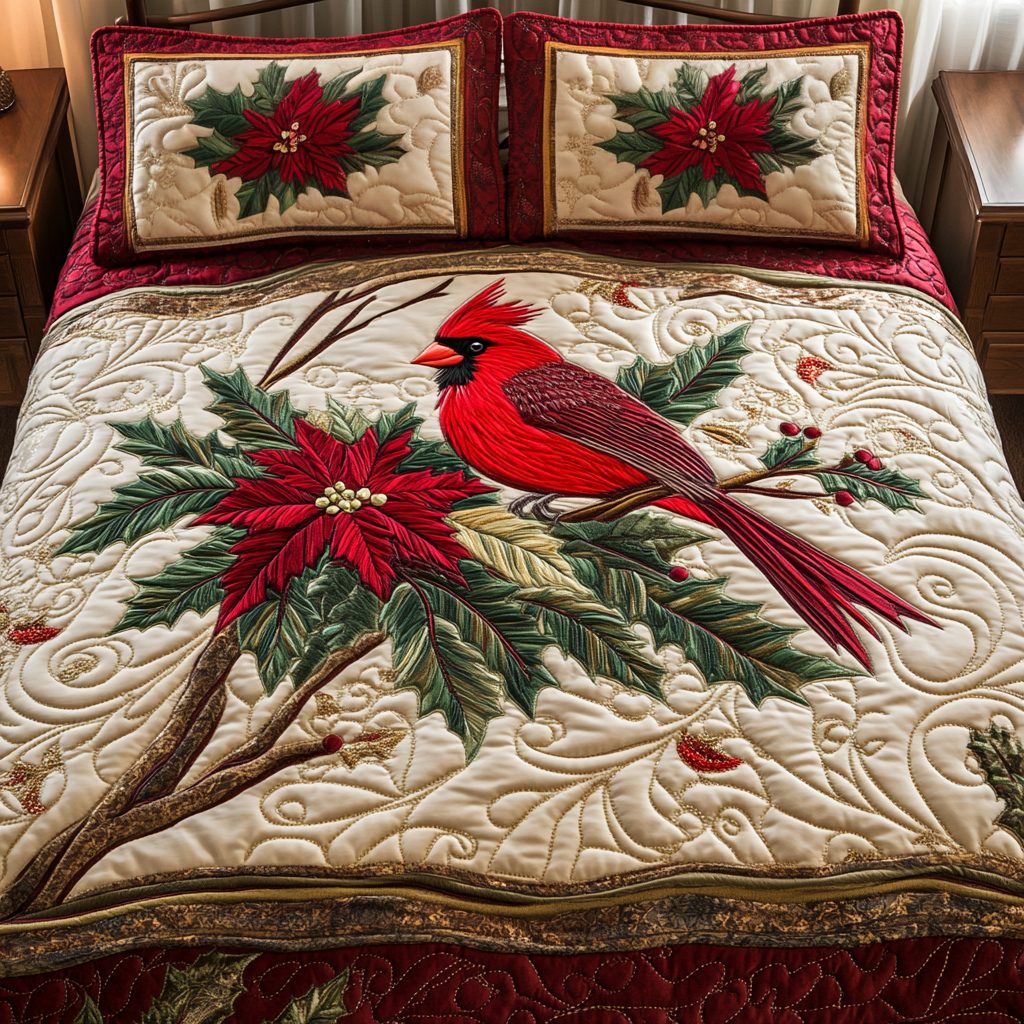 Snowy Perch quilted 3-piece bedding set on a made bed with two matching pillow shams