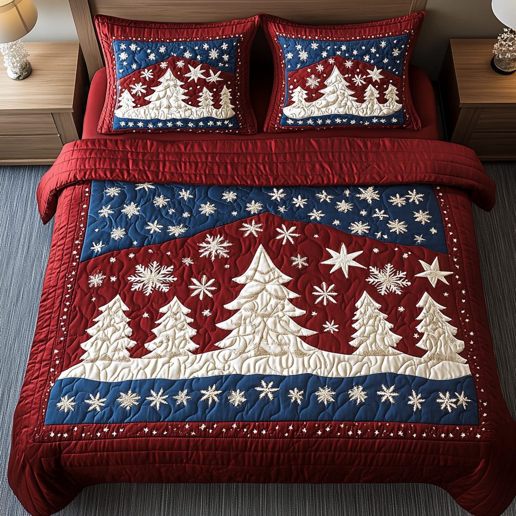 Snowy Pines Celebration quilted 3-piece bedding set on a made bed with two matching pillow shams