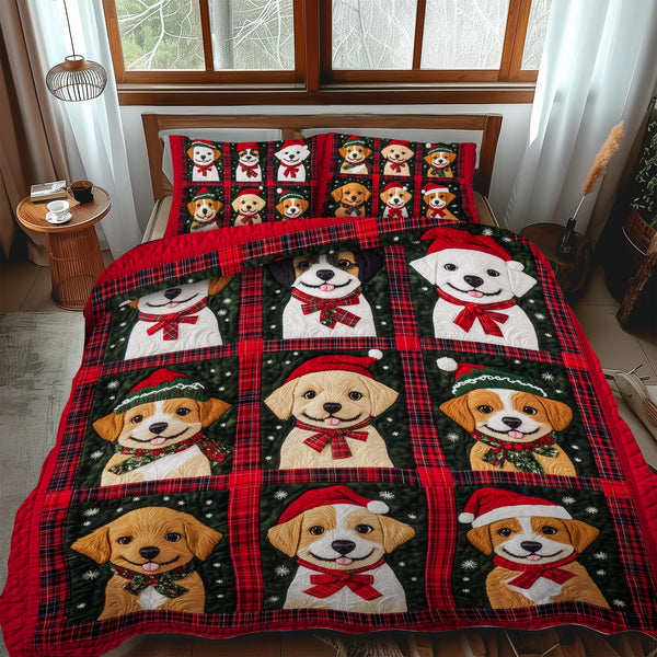 Snowy Puppy Cuddles quilted 3-piece bedding set on a made bed with two matching pillow shams