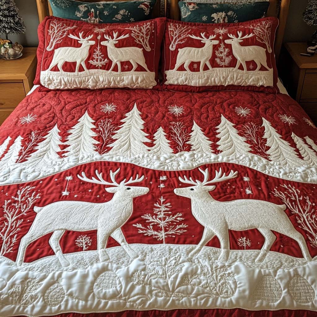 Snowy Reindeer Trail quilted 3-piece bedding set on a made bed in a winter-styled bedroom