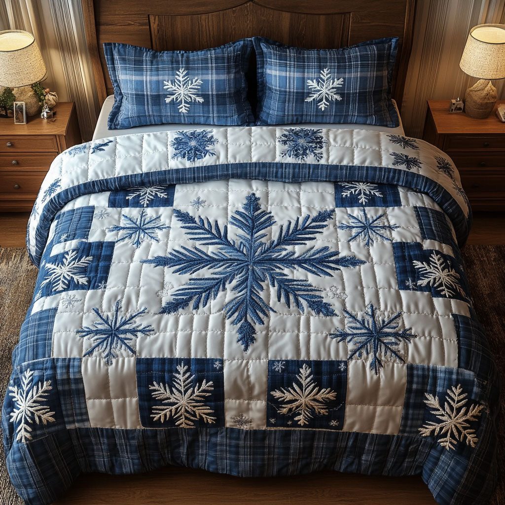 Snowy Road Magic quilted 3-piece bedding set on a made bed with two matching pillow shams