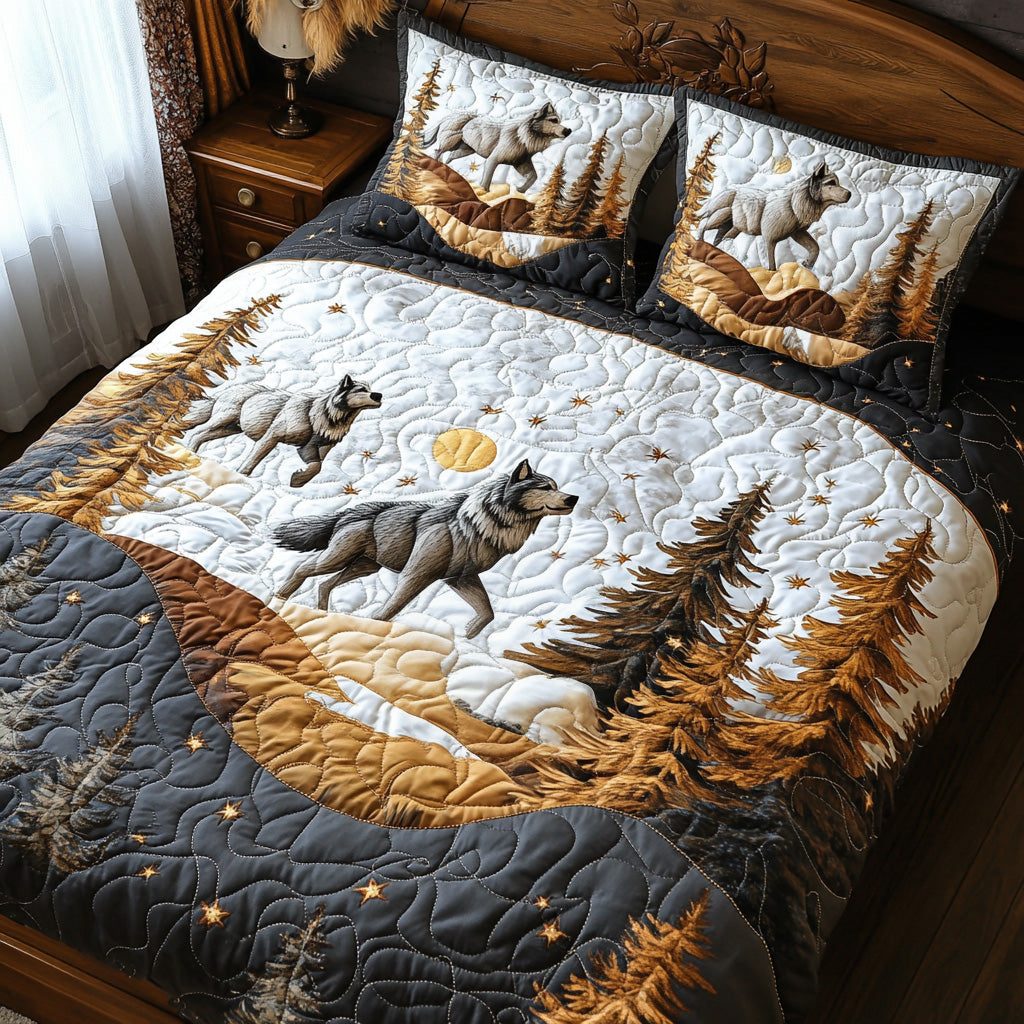Snowy Run quilted 3-piece bedding set on a made bed with two matching pillow shams