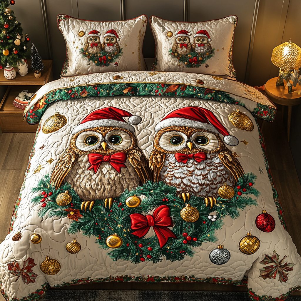 Snowy Sentinel quilted 3-piece bedding set on a made bed with two matching pillow shams