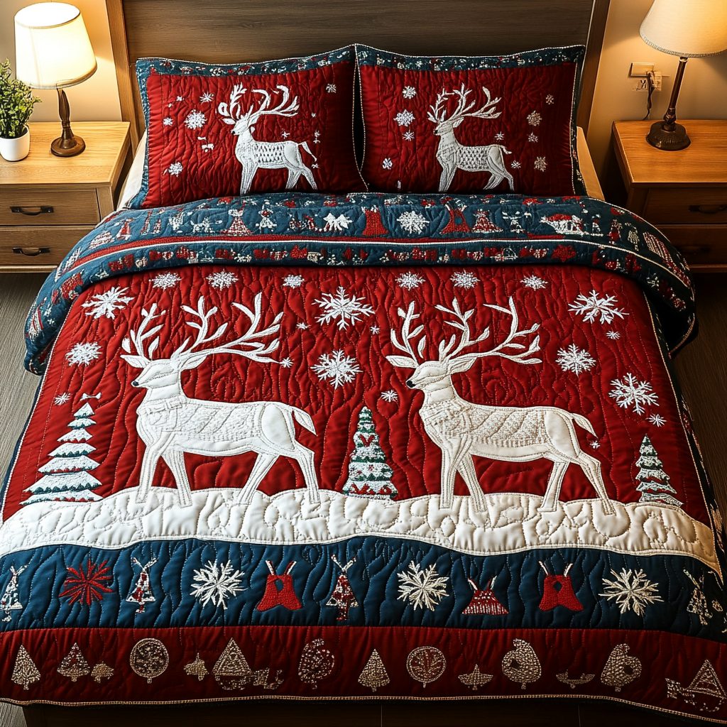 Snowy Sentinel quilted 3-piece bedding set on a made bed with two matching pillow shams