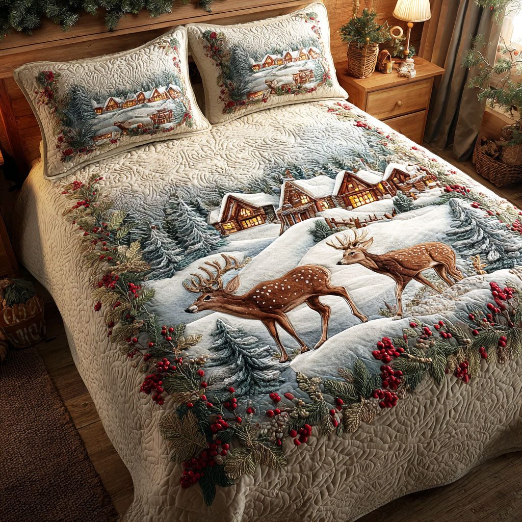 Snowy Serenity quilted 3-piece bedding set on a made bed with two matching pillow shams
