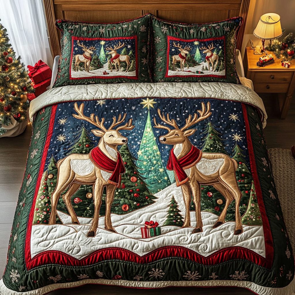 Snowy Sleigh Ride quilted 3-piece bedding set on a made bed in a winter-styled bedroom
