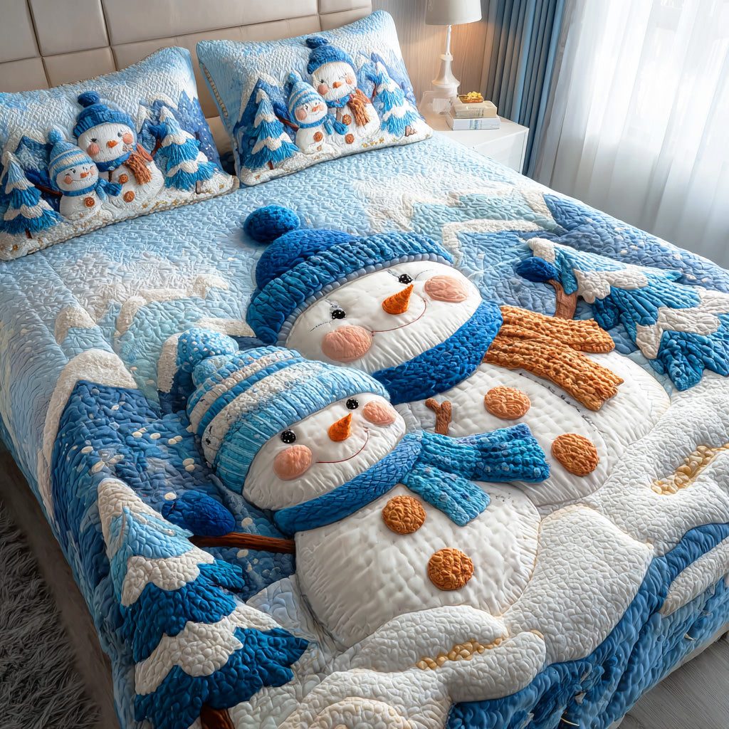Snowy Smile Field quilted 3-piece bedding set on a made bed with two matching pillow shams