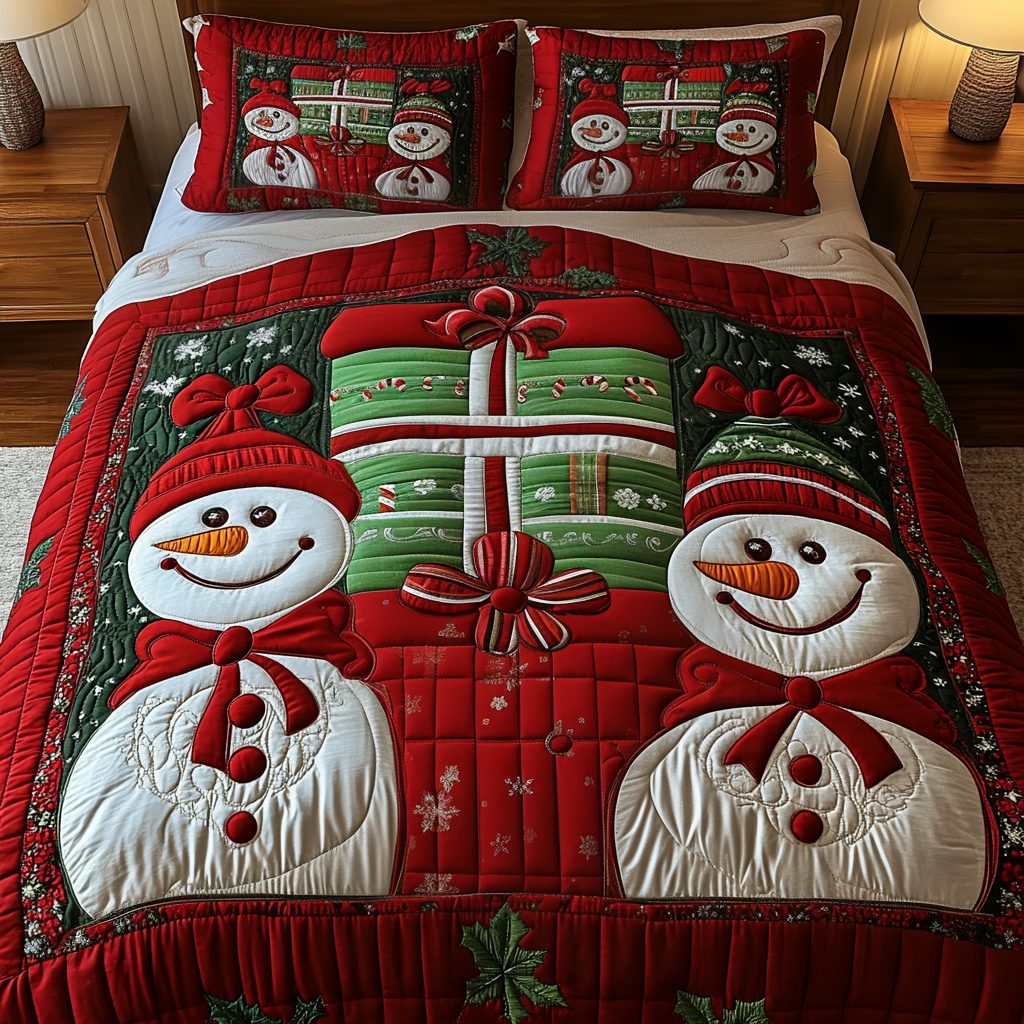 Snowy Smiles quilted 3-piece bedding set on a made bed with two matching pillow shams