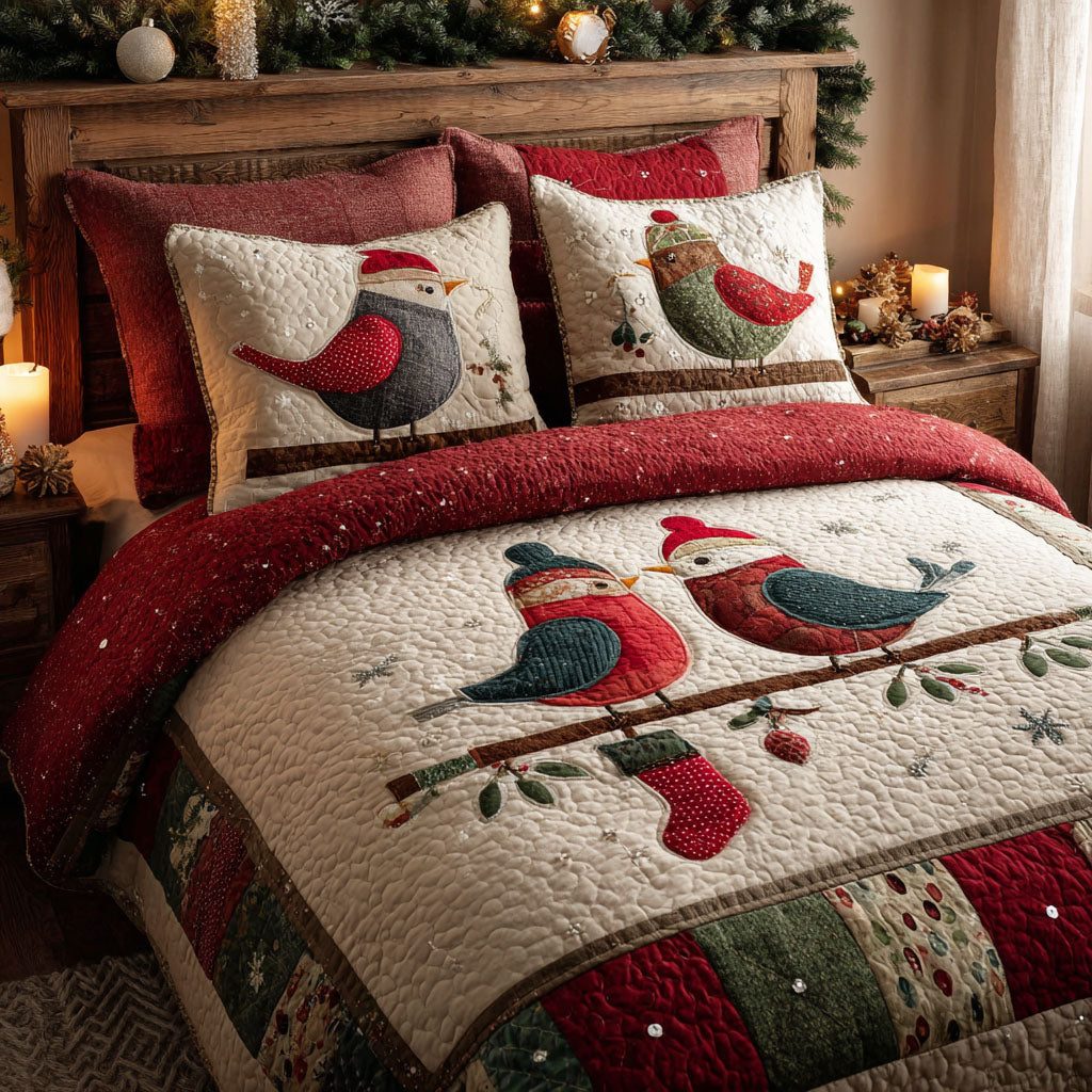 Snowy Songbirds quilted 3-piece bedding set on a made bed with two matching pillow shams