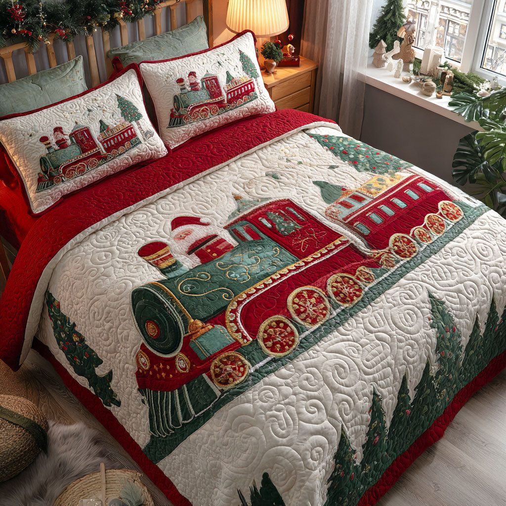 Snowy Spruce Line quilted 3-piece bedding set on a made bed with two matching pillow shams