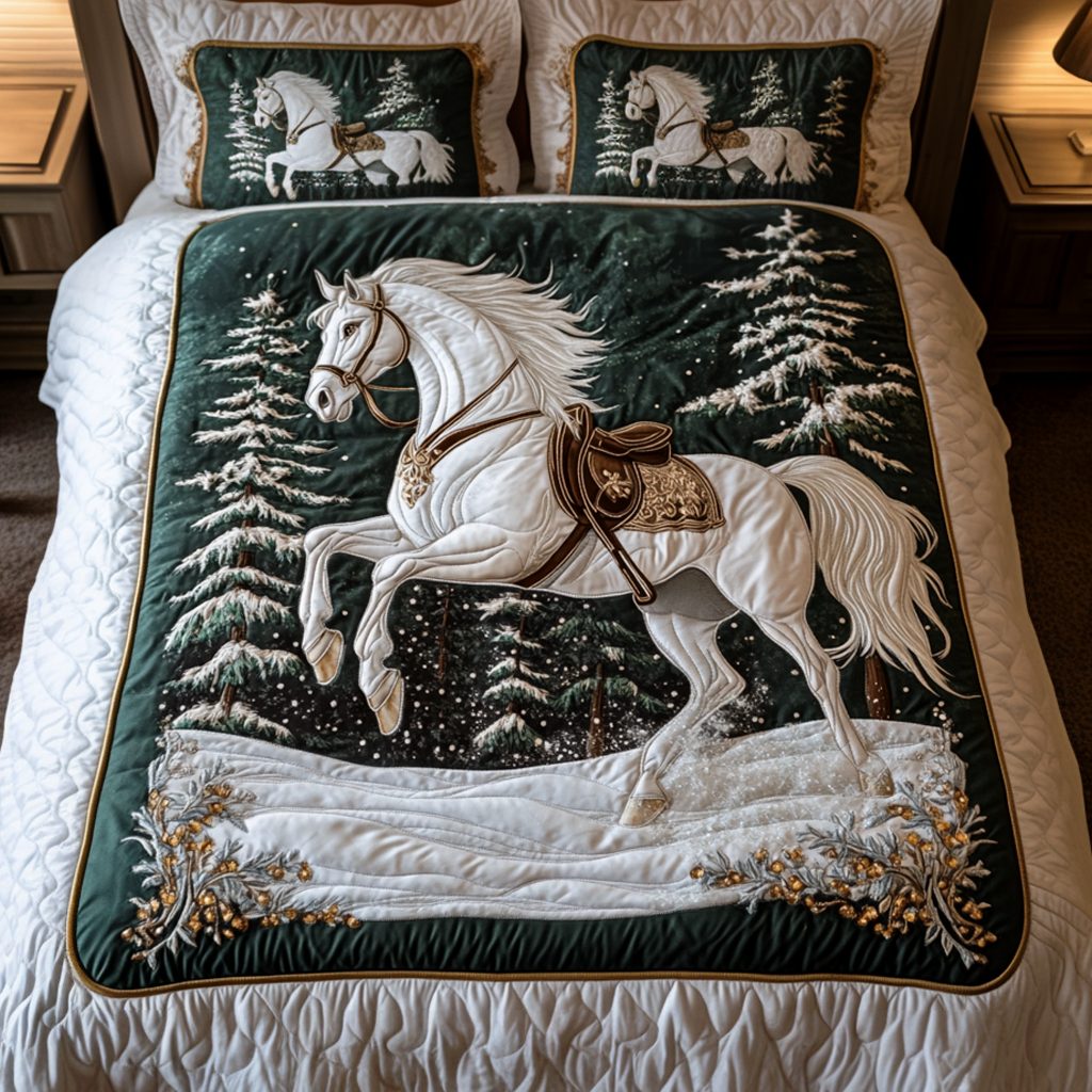 Snowy Steed quilted 3-piece bedding set on a made bed with two matching pillow shams