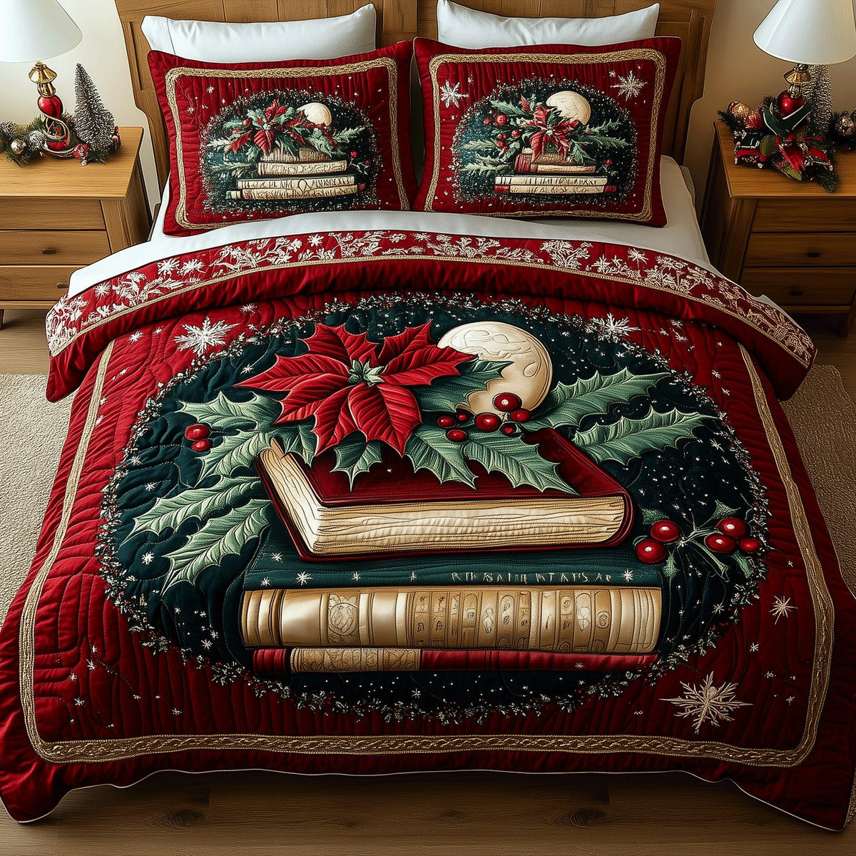 Snowy Tales quilted 3-piece bedding set on a made bed with two matching pillow shams