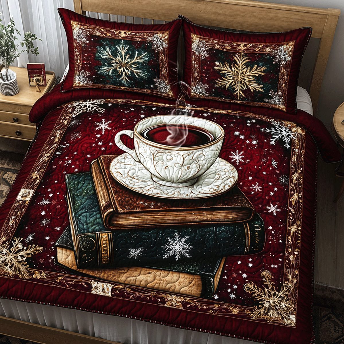 Snowy Tales quilted 3-piece bedding set on a made bed with two matching pillow shams