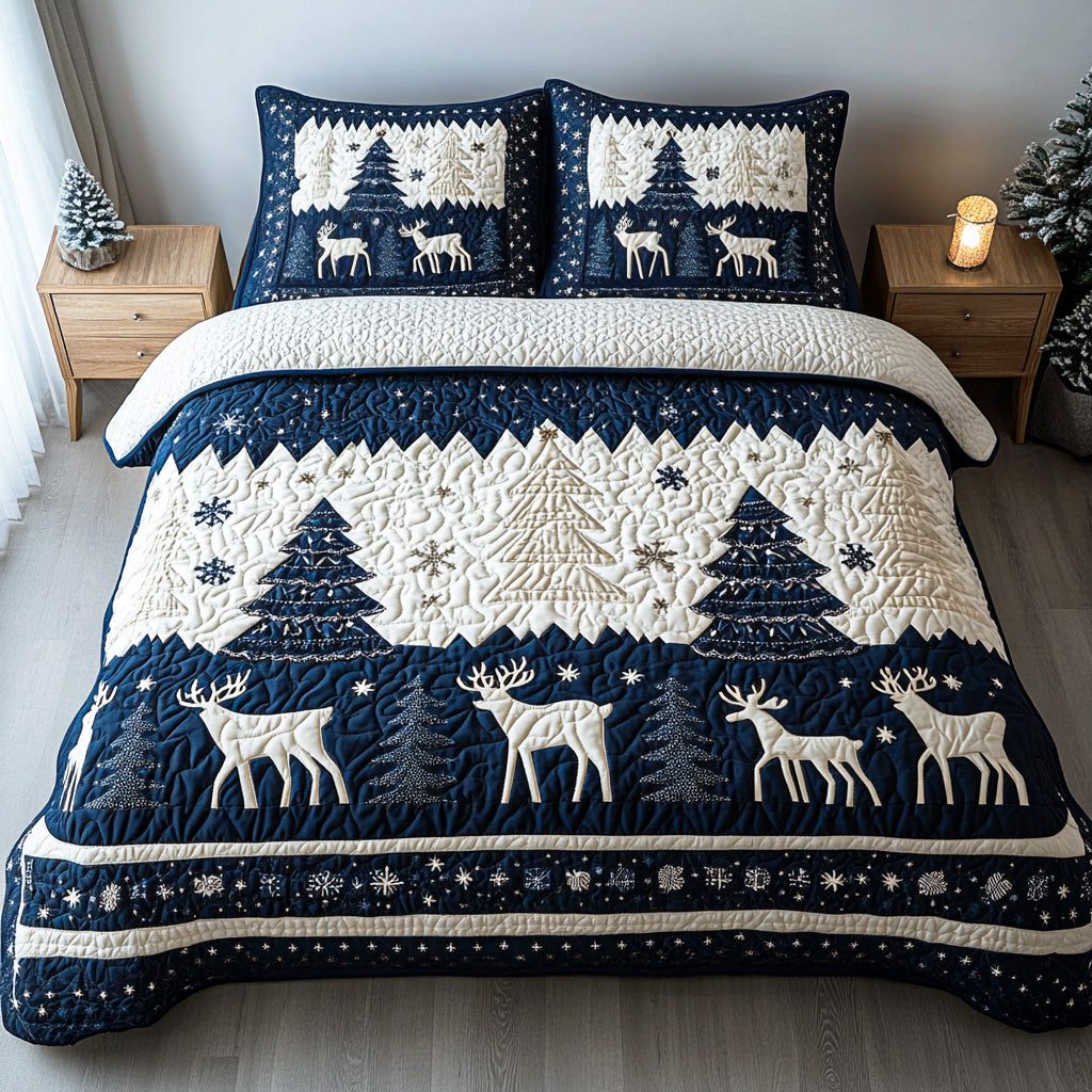 Snowy Tree quilted 3-piece bedding set on a made bed with two matching pillow shams