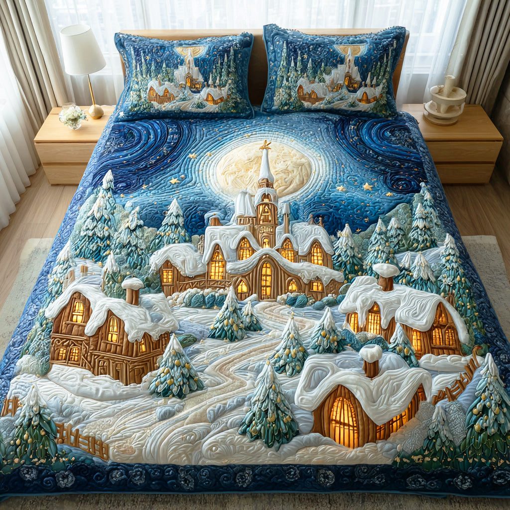 Snowy Whispers quilted 3-piece bedding set on a made bed with two matching pillow shams