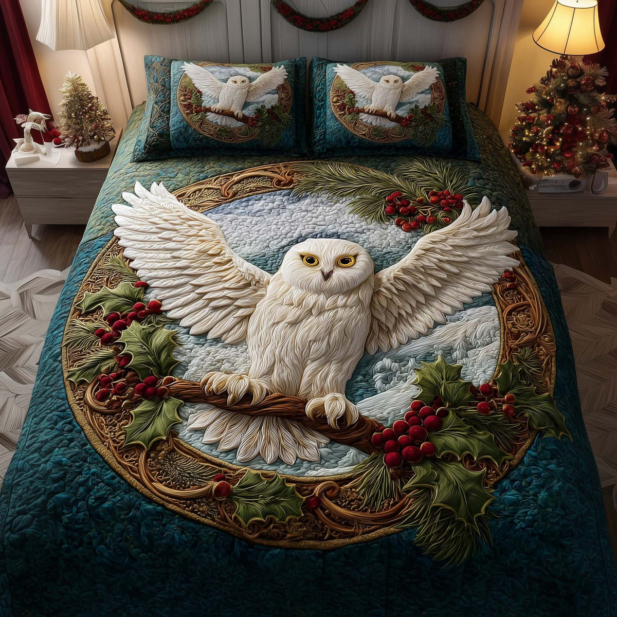 Snowy Wings quilted 3-piece bedding set on a made bed with two matching pillow shams