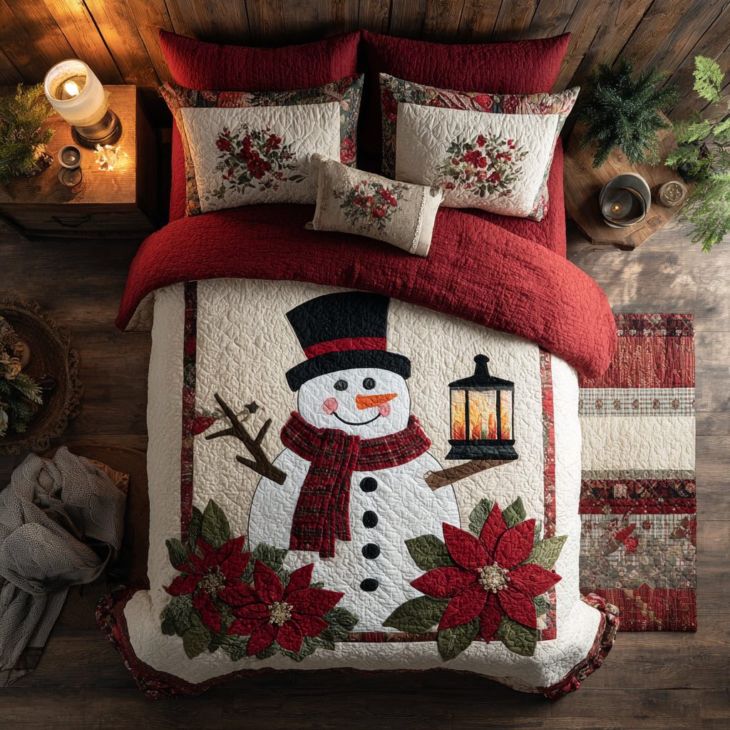 Snowy Wishes quilted 3-piece bedding set on a made bed with two matching pillow shams