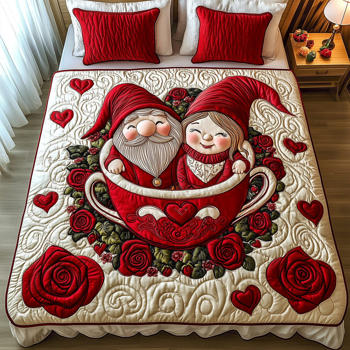 Snuggle Up Gnome quilted 3-piece bedding set on a made bed in a winter-styled bedroom