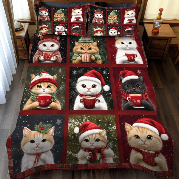 Snuggly Cat Sips quilted 3-piece bedding set on a made bed with two matching pillow shams