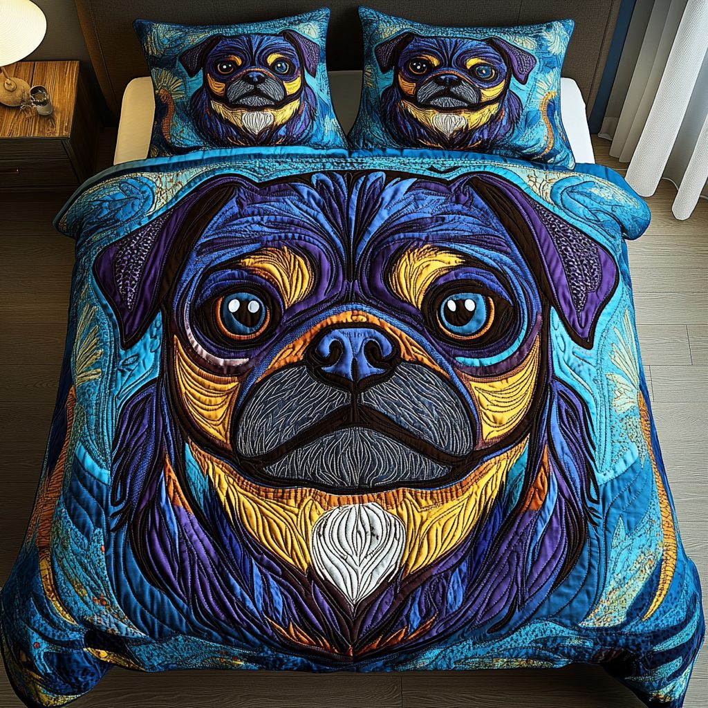 Snuggly Pug Smiles quilted 3-piece bedding set on a made bed with two matching pillow shams