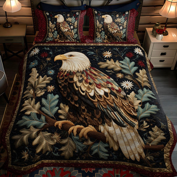 Soar for Freedom quilted 3-piece bedding set on a made bed in a warmly lit bedroom