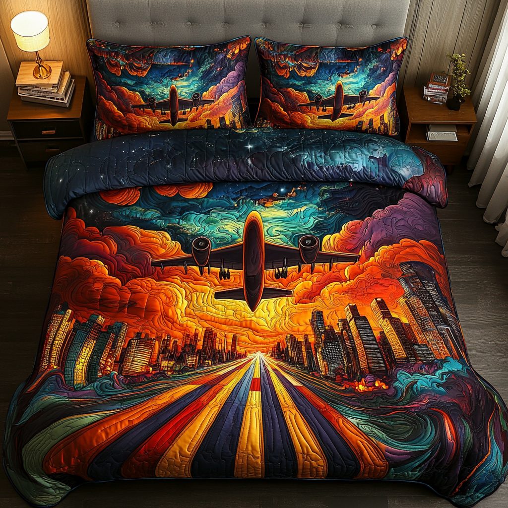 Soaring Airplane quilted 3-piece bedding set on a made bed with two matching pillow shams