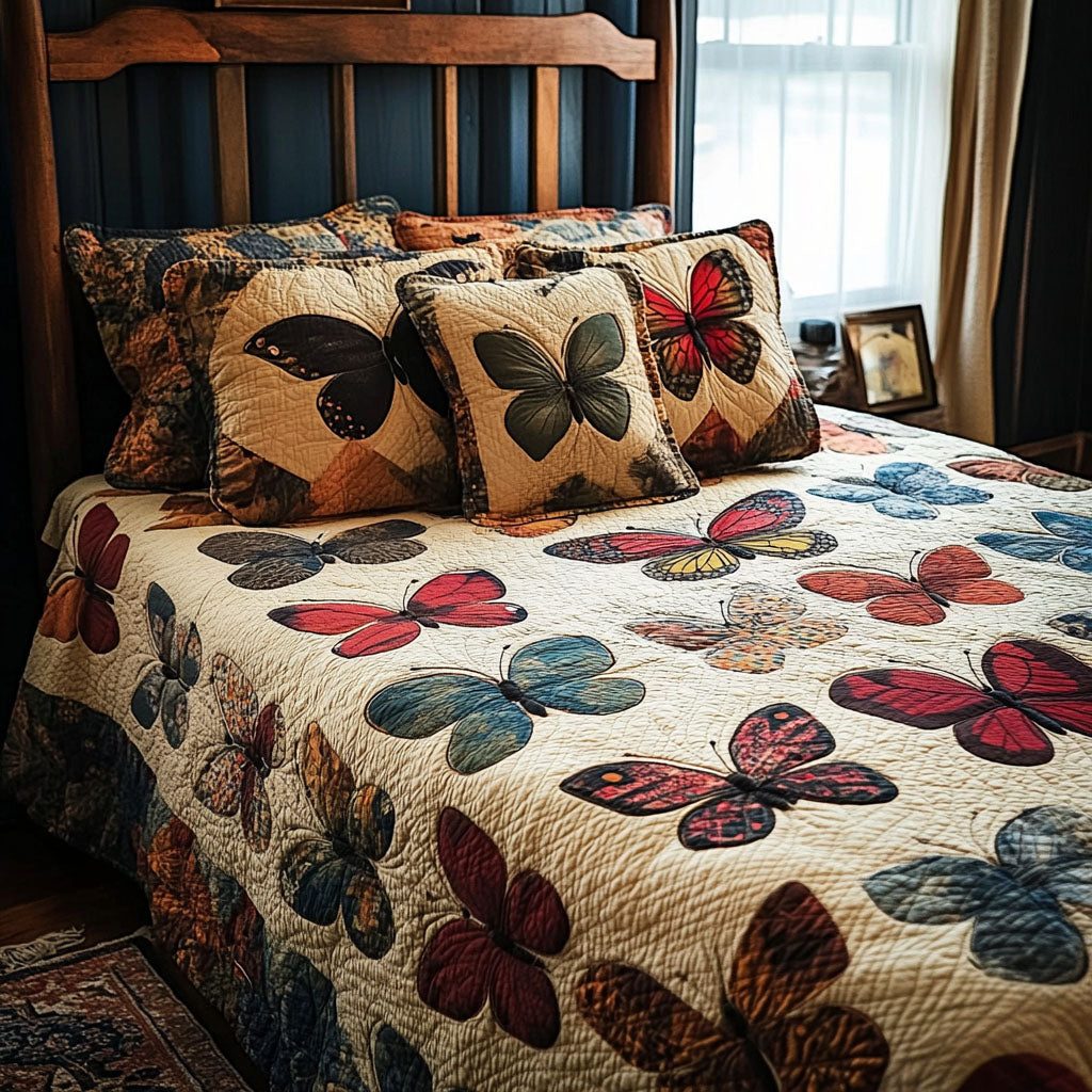 Soaring Beauties quilted 3-piece bedding set on a made bed with two matching pillow shams