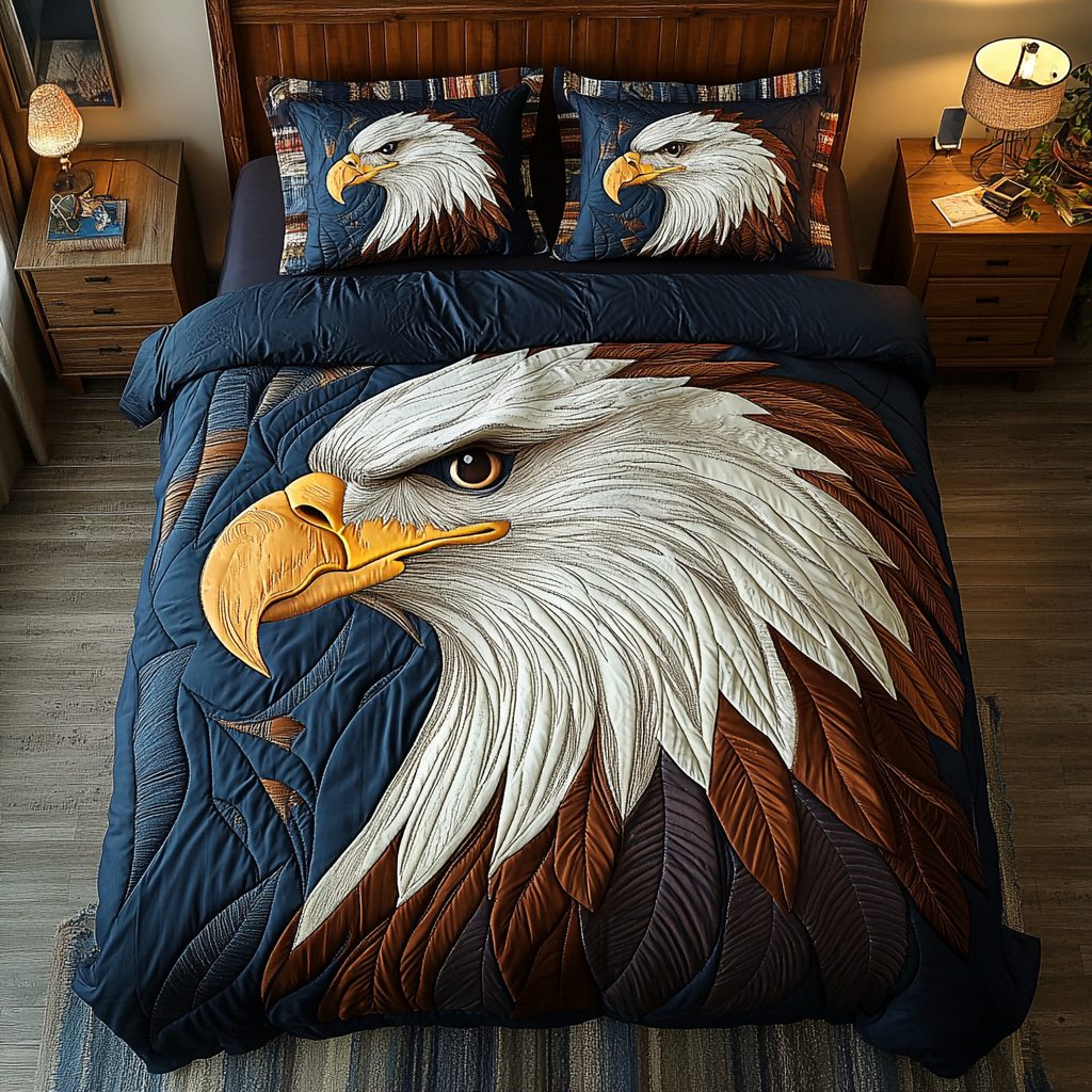 Soaring Majesty quilted 3-piece bedding set on a made bed with two matching pillow shams