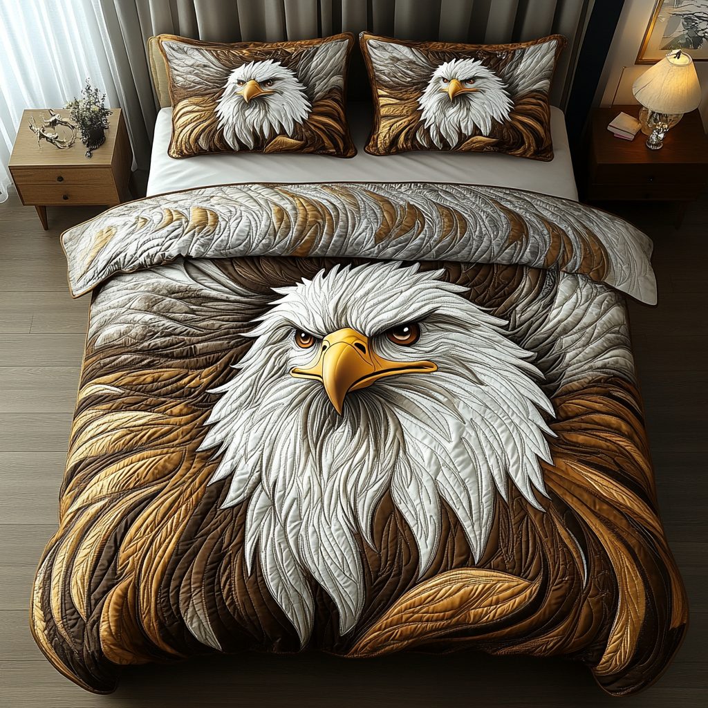 Soaring Majesty quilted 3-piece bedding set on a made bed with two matching pillow shams