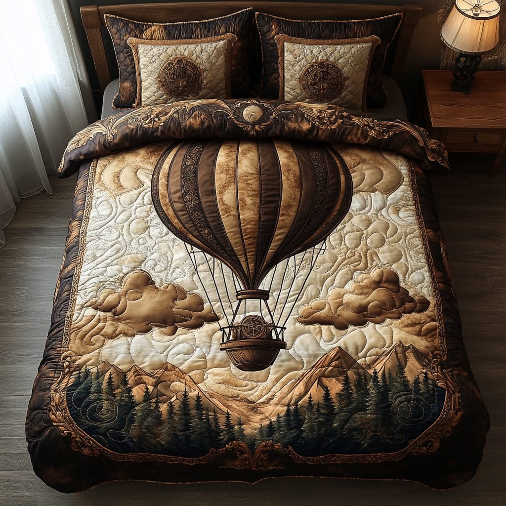 Soaring Serenity quilted 3-piece bedding set on a made bed with two matching pillow shams