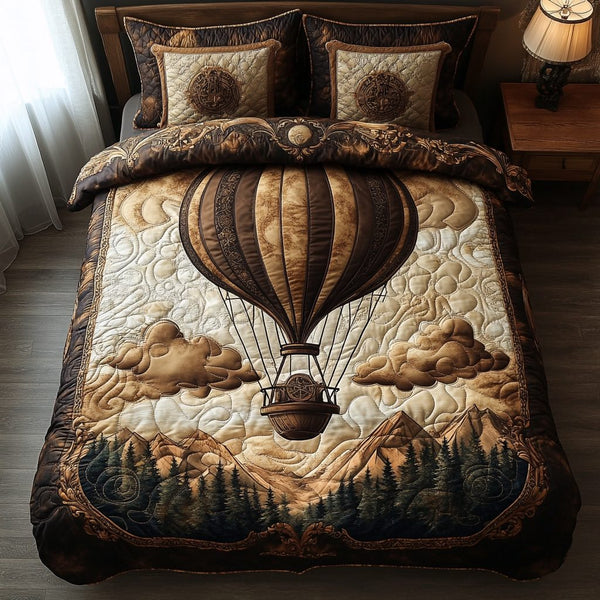 Soaring Serenity quilted 3-piece bedding set on a made bed with two matching pillow shams
