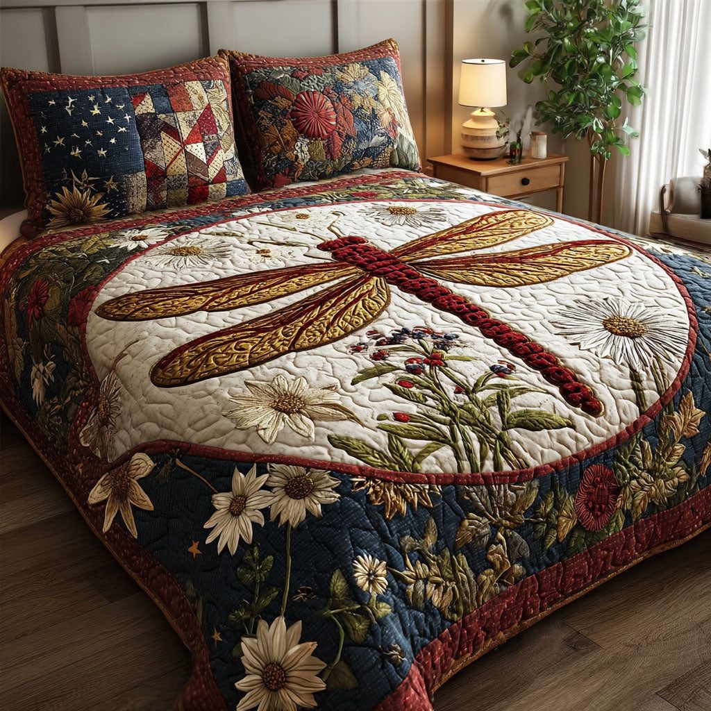 Soaring the Skies quilted 3-piece bedding set on a made bed with two matching pillow shams