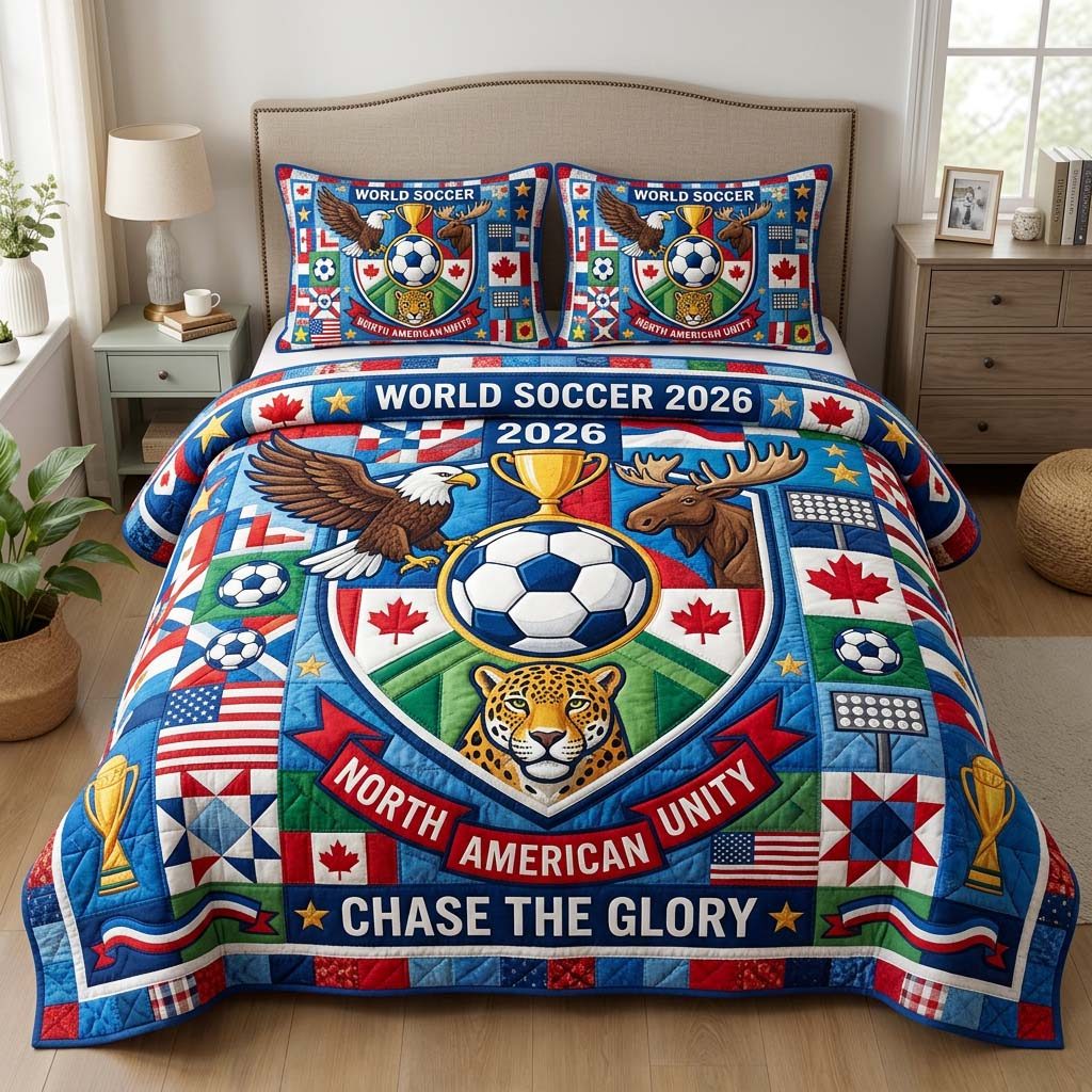 Soccer Crest quilted 3-piece bedding set on a made bed with two matching pillow shams