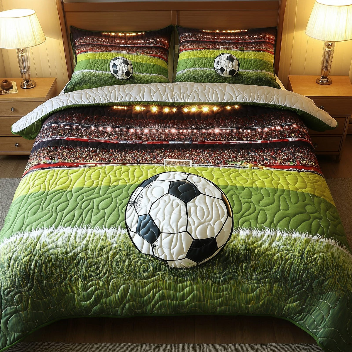 Soccer Field of Dreams quilted 3-piece bedding set on a made bed with two matching pillow shams