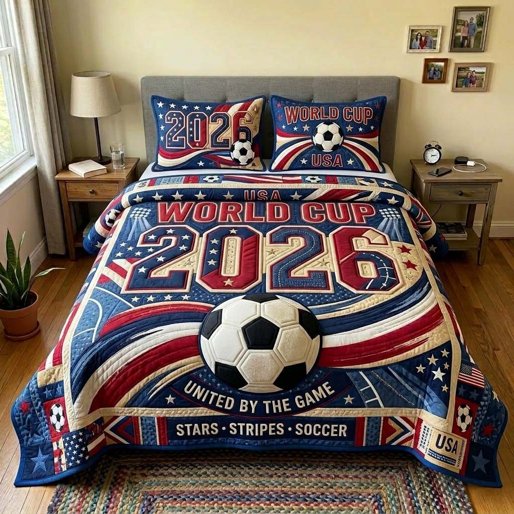 Soccer Pride quilted 3-piece bedding set on a made bed with two matching pillow shams