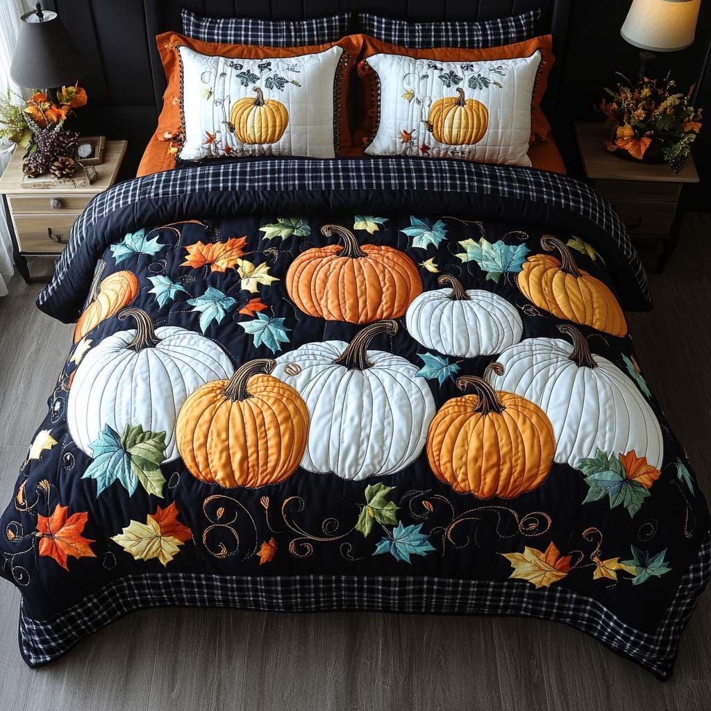 Soft Autumn Field quilted 3-piece bedding set on a made bed with two matching pillow shams