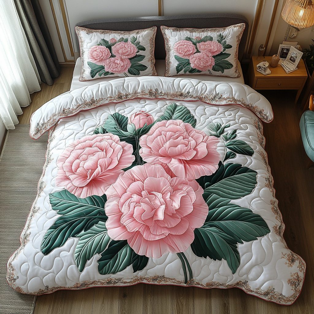 Soft Bloom quilted 3-piece bedding set on a made bed with two matching pillow shams