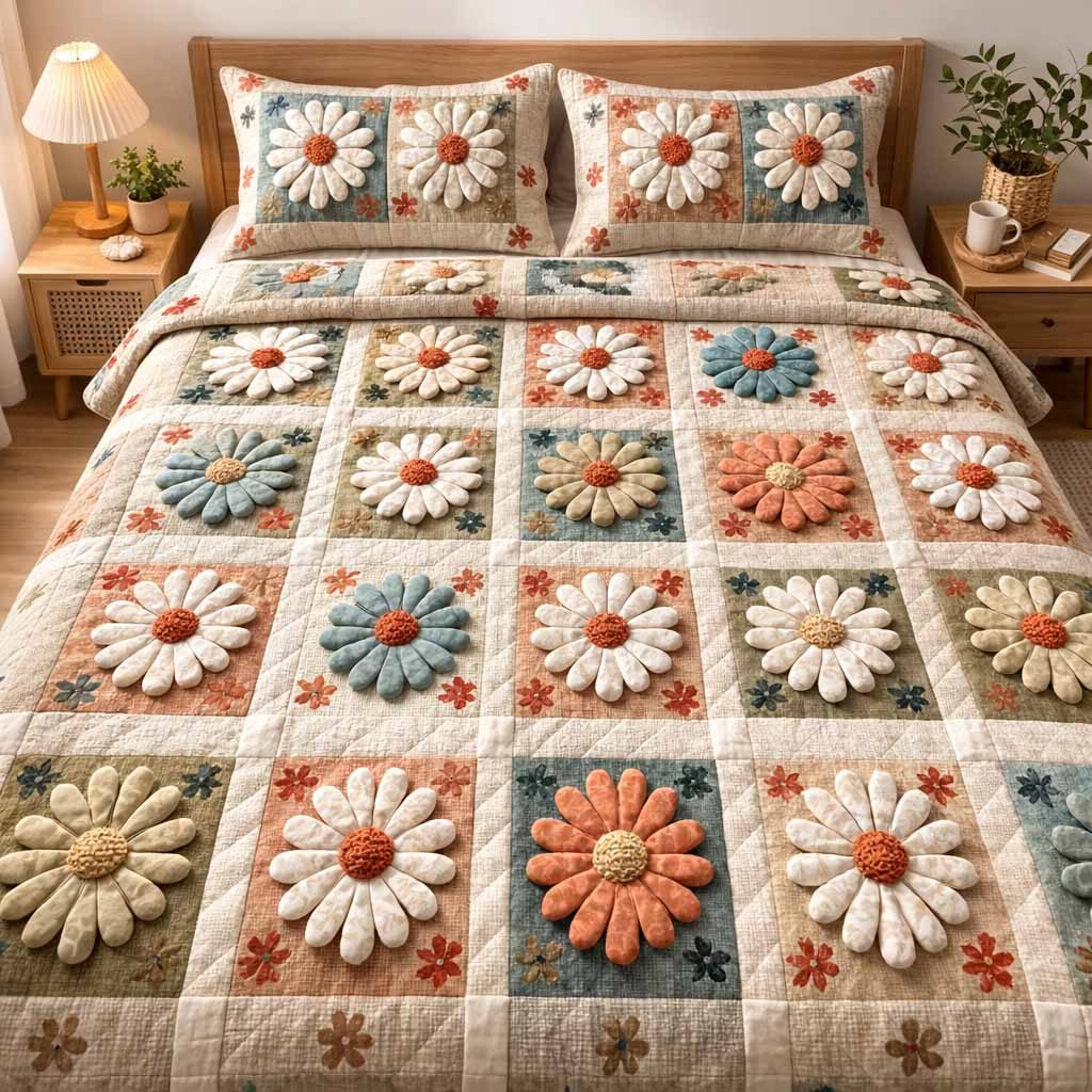 Soft Blossom quilted 3-piece bedding set on a made bed with two matching pillow shams