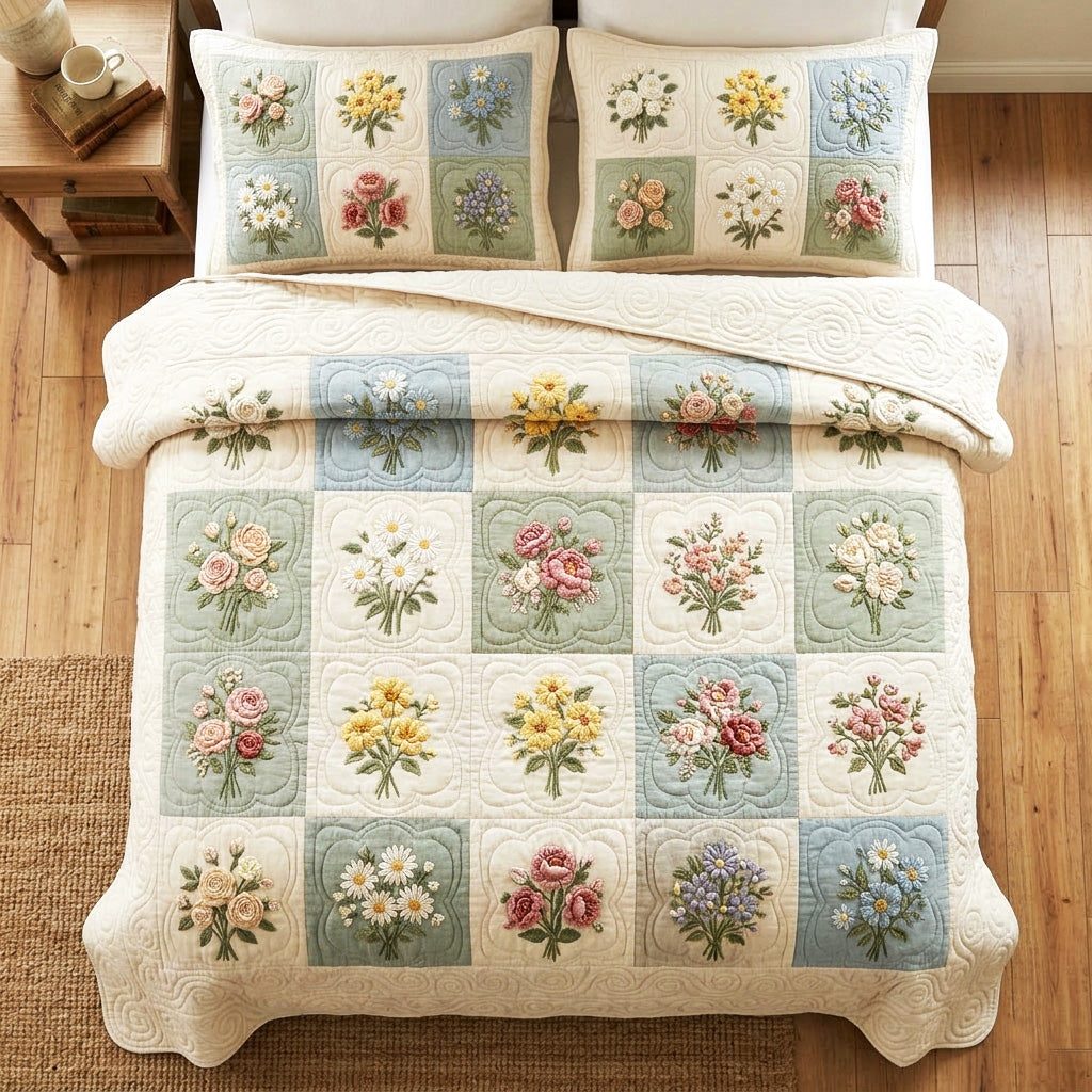 Soft Garden quilted 3-piece bedding set on a made bed with two matching pillow shams