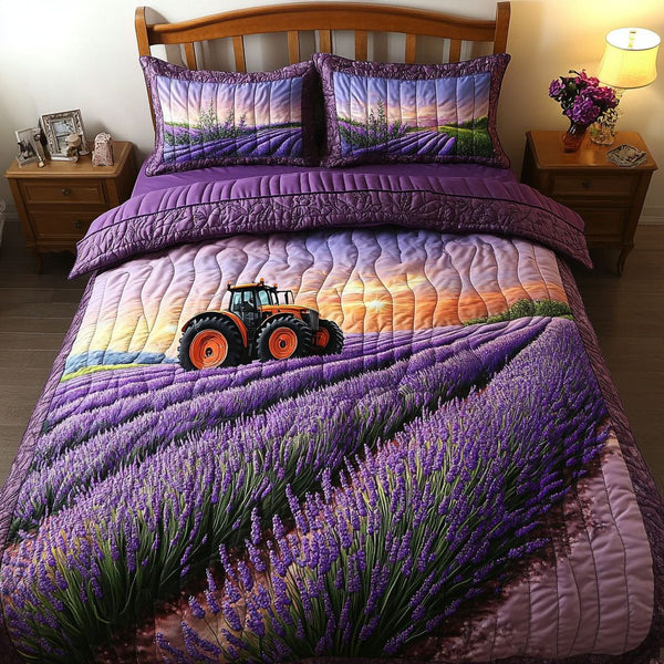 Soft Lavender Waves quilted 3-piece bedding set on a made bed in a light coastal bedroom